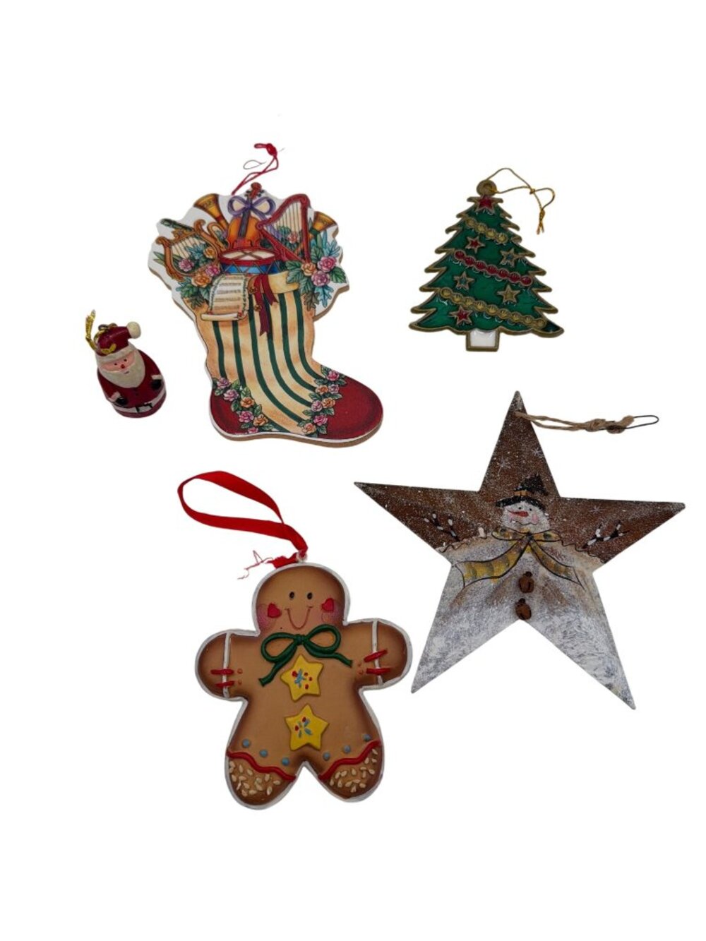 collection of five vintage-style Christmas ornaments, including a gingerbread ma